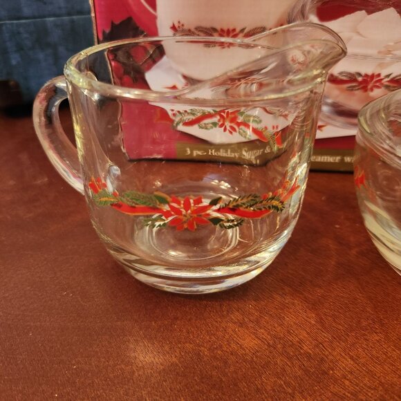 3 Pc Anchor Hocking Holiday Sugar & Creamer Set Poinsettia and Ribbon Design - Picture 4 of 10